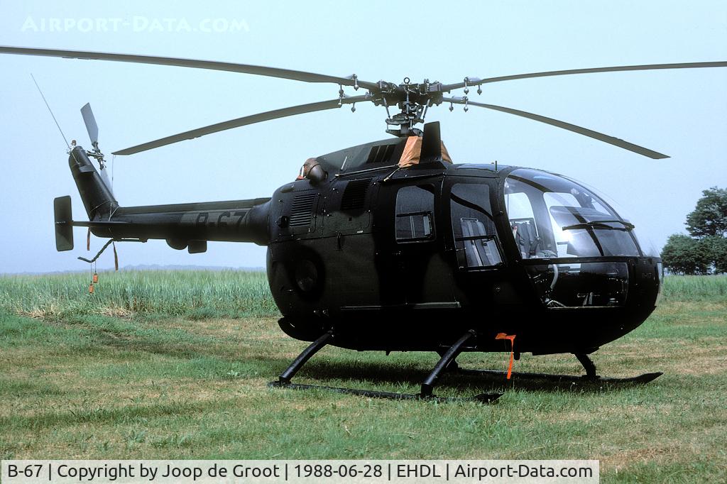 B-67, 1979 MBB Bo-105CB C/N S-267, During the Deelen Open House in 1988 many Bölkows could be photographed. The weather was not too good however.