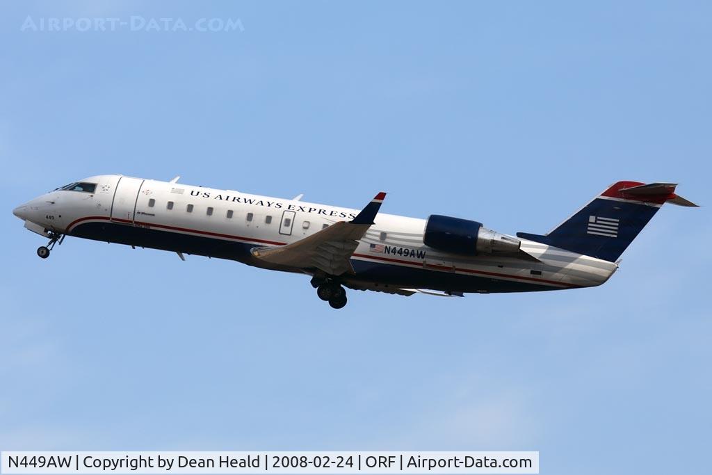 N449AW, 2003 Bombardier CRJ-200LR (CL-600-2B19) C/N 7818, US Airways Express (operated by Air Wisconsin) N449AW (FLT AWI3763) climbing out from RWY 5 enroute to Philadelphia Int'l (KPHL).  Joanne is onboard this flight.