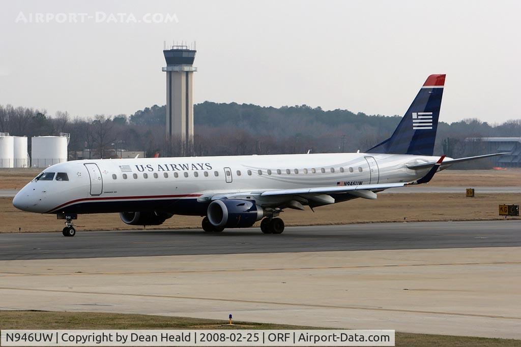 N946UW, 2007 Embraer ERJ-190-100 IGW 190AR C/N 19000072, US Airways N946UW (FLT USA931) taxiing to RWY 23 via Taxiway Charlie for departure to Charlotte/Douglas Int'l (KCLT).