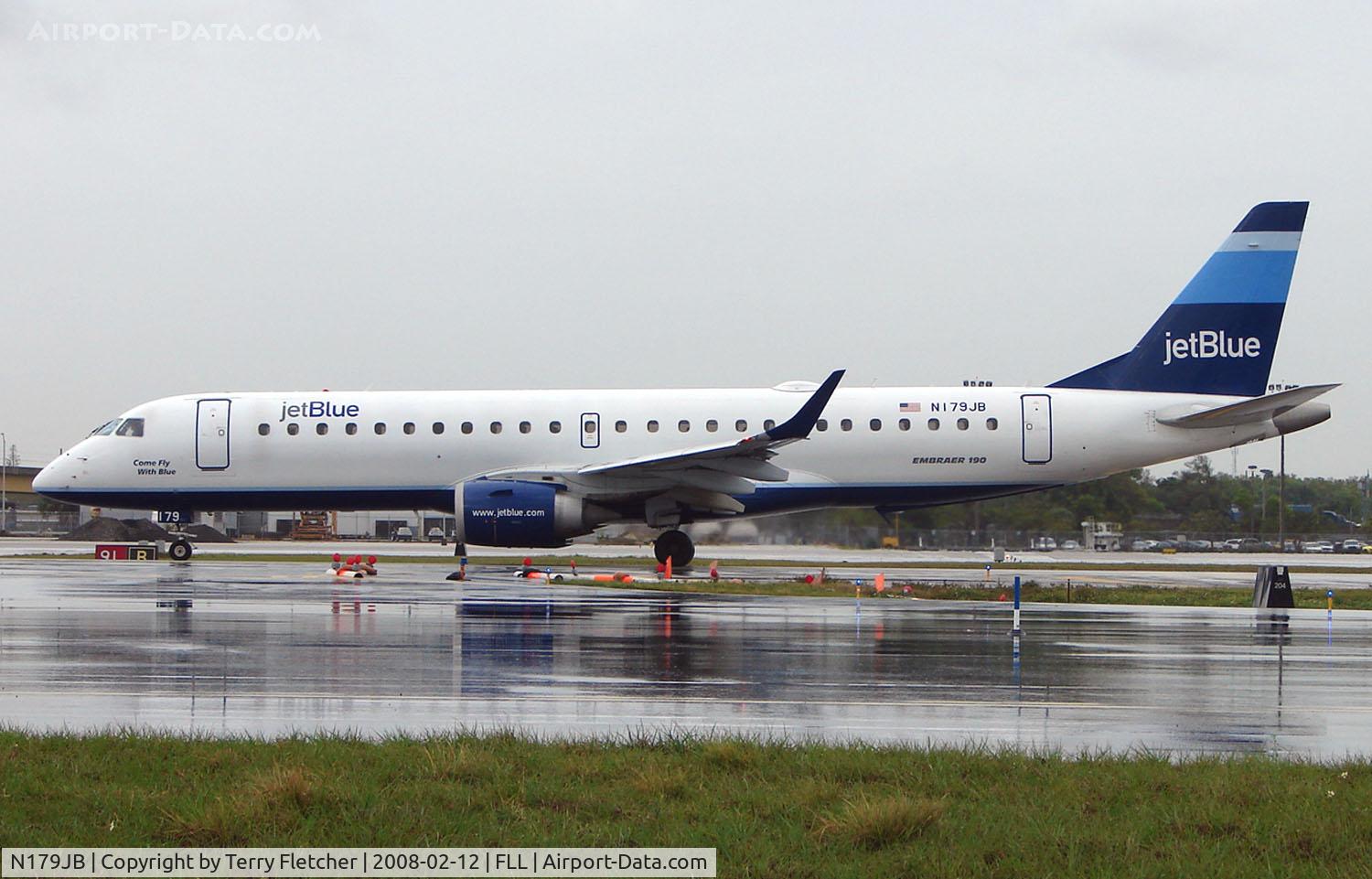 N179JB, 2005 Embraer 190AR (ERJ-190-100IGW) C/N 19000006, One of 15 aircraft waiting in line for departure after storms temporarily closed depatures from Ft Lauderdale Int