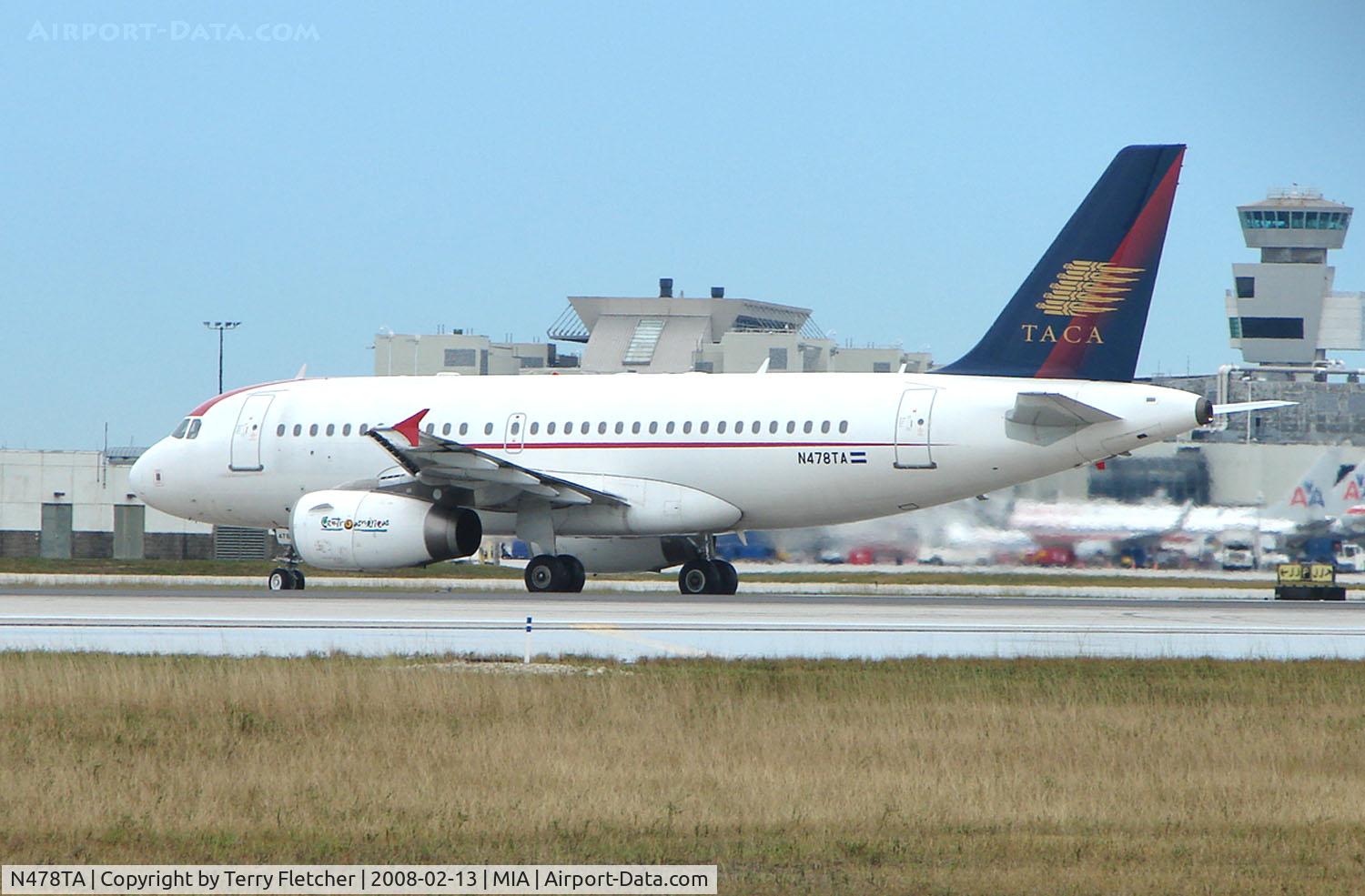 N478TA, 2004 Airbus A319-132 C/N 2339, TACA A319 turns off the runway after landing at Miami in Feb 2008