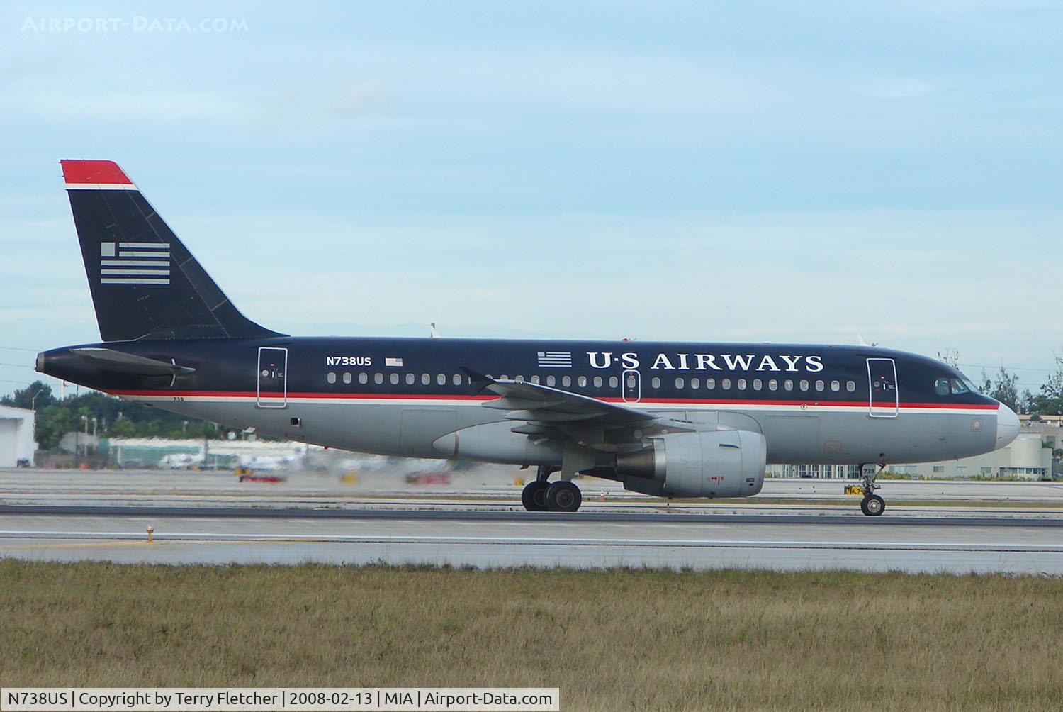 N738US, 2000 Airbus A319-112 C/N 1254, US Airways A319 about to depart Miami