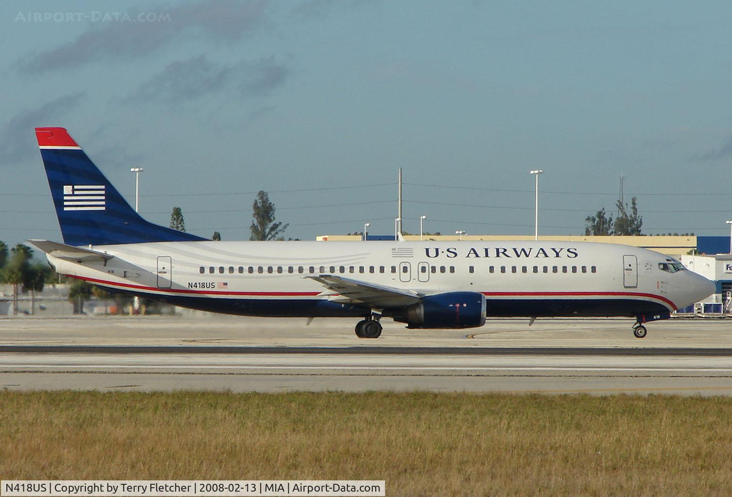 N418US, 1989 Boeing 737-401 C/N 23985, US Airways B737 at Miami in Feb 2008