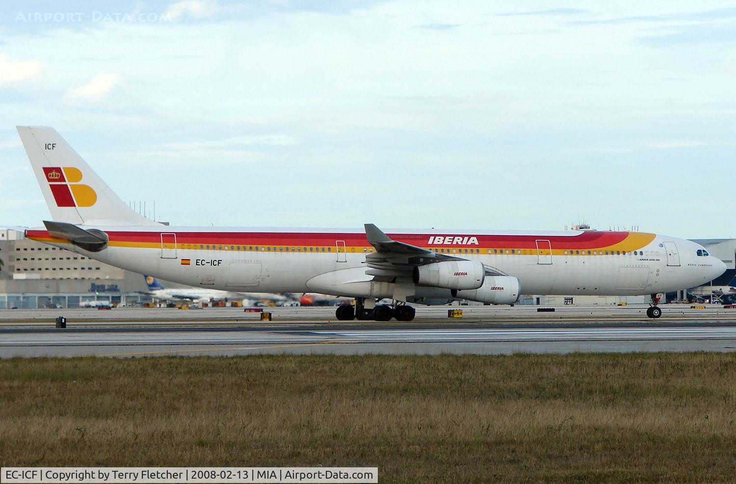 EC-ICF, 2002 Airbus A340-313 C/N 459, Iberia A340 arrives Miami from Madrid in Feb 2008