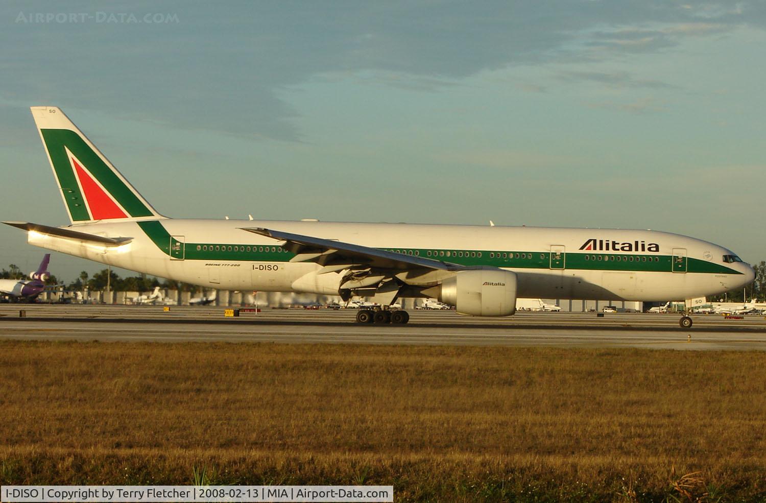 I-DISO, 2002 Boeing 777-243/ER C/N 32857, Alitalia B777 arrives Miami in Feb 2008