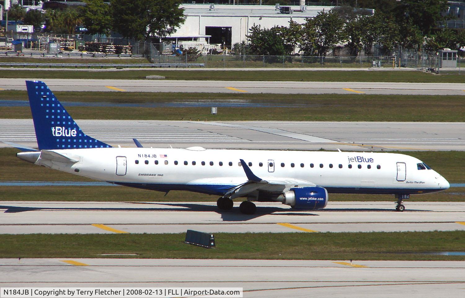 N184JB, 2005 Embraer 190AR (ERJ-190-100IGW) C/N 19000008, JetBlue Emb190 taxies in at Ft.Lauderdale Int
