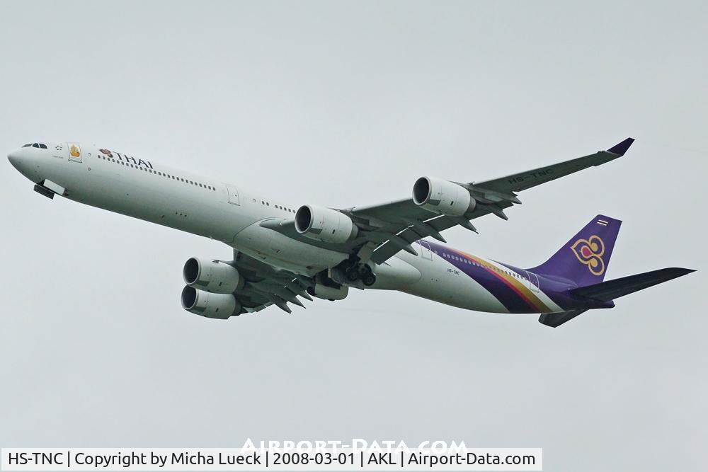 HS-TNC, 2005 Airbus A340-642 C/N 689, Climbing out of Auckland