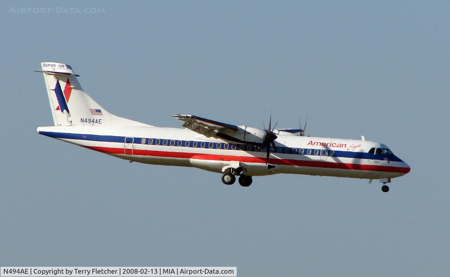 N494AE, 1997 ATR 72-212A C/N 494, American Eagle ATR72 prepares for touchdown at Miami