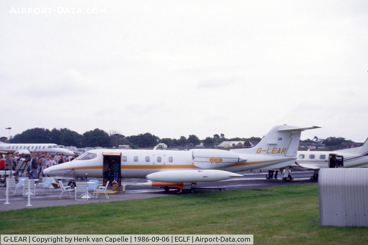 G-LEAR, 1979 Gates Learjet 35A C/N 35A-265, Learjet at Farnborough. Something hanging under its wing.