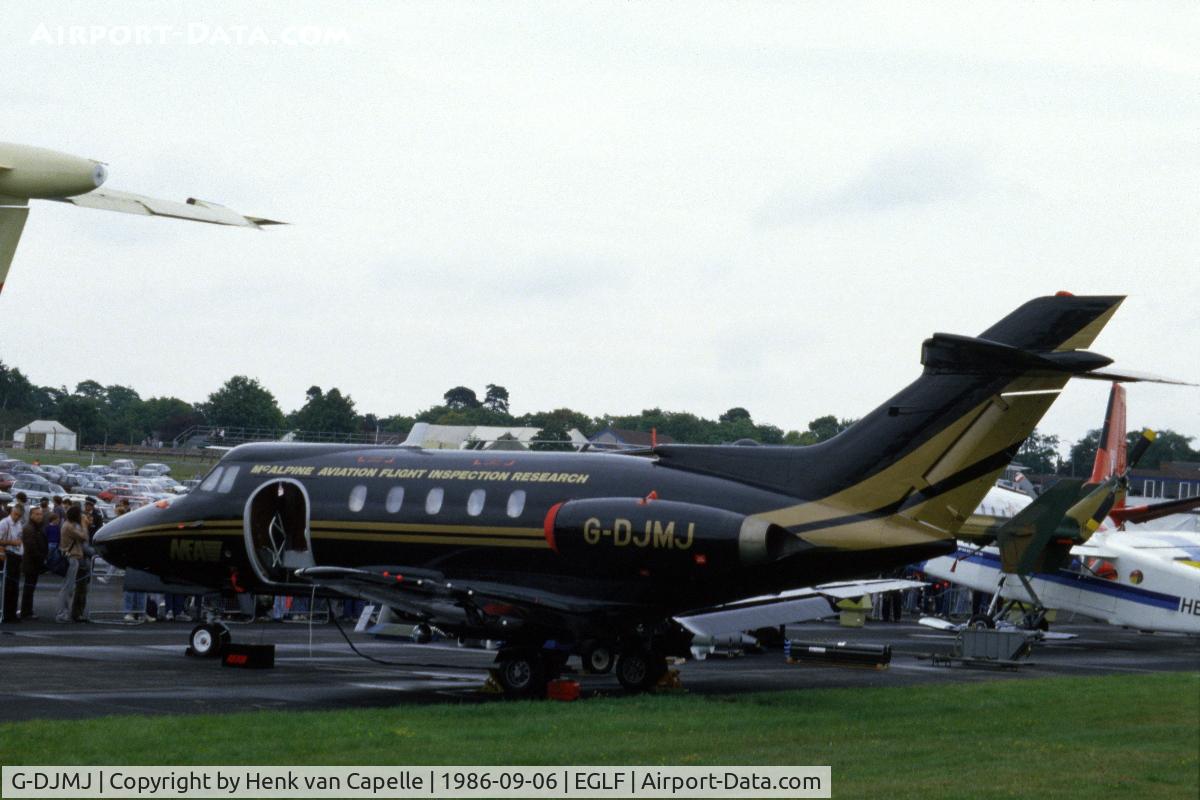 G-DJMJ, 1966 Hawker Siddeley HS.125 Series 1B/522 C/N 25106, Flight Inspection research HS.125 at Farnborough, 1986.