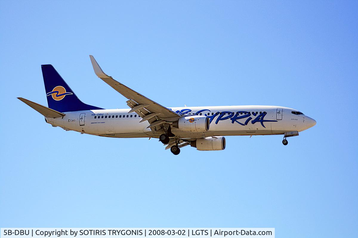 5B-DBU, 2003 Boeing 737-8Q8 C/N 32796, Eurocypria 's first in SKG. Named after a wingd from Greek Mythology