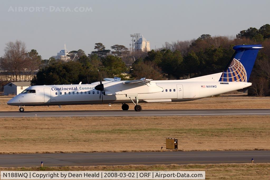 N188WQ, 2008 Bombardier DHC-8-402 Dash 8 C/N 4188, Continental Connection (Colgan Air) N188WQ (FLT CJC3320) rolling out on RWY 5 after arrival from Newark Liberty Int'l (KEWR).