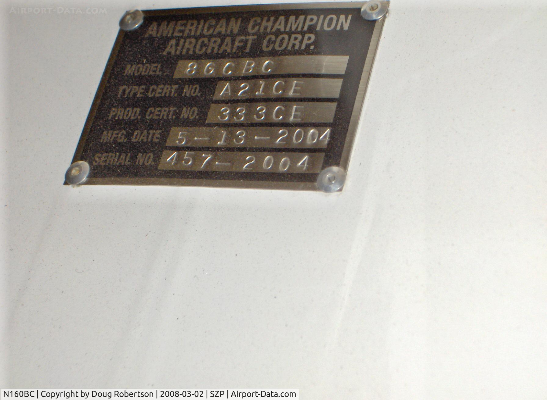 N160BC, 2004 American Champion 8GCBC Scout C/N 457-2004, 2004 American Champion 8GCBC SCOUT, Lycoming O&VO-360 180 Hp, manufacturer's data plate found on turtleback