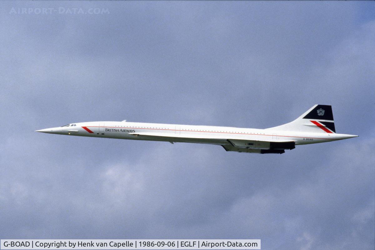 G-BOAD, 1976 Aerospatiale-BAC Concorde 1-102 C/N 100-010, Concorde overflying Farnborough 1986.