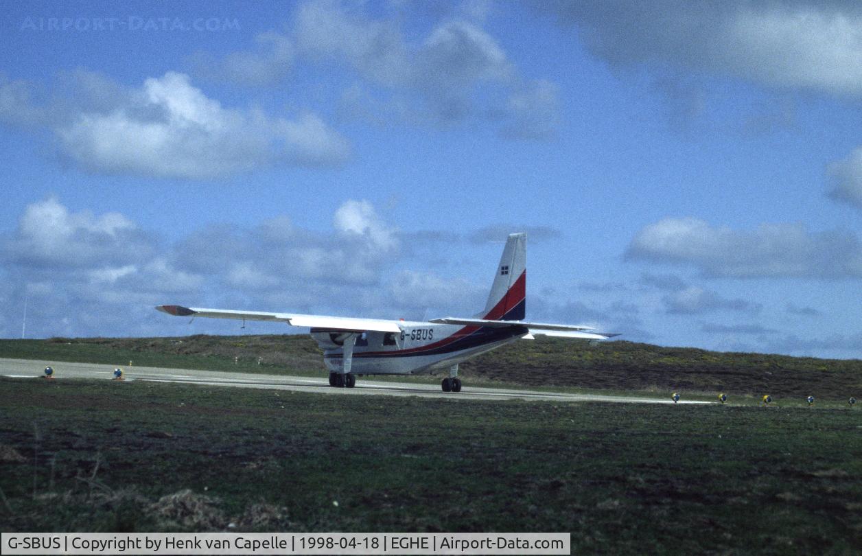 G-SBUS, 1986 Britten-Norman BN-2A-26 Islander C/N 3013, Islander of Skybus on the runway of St Mary's airport, Scilly Isles, UK.