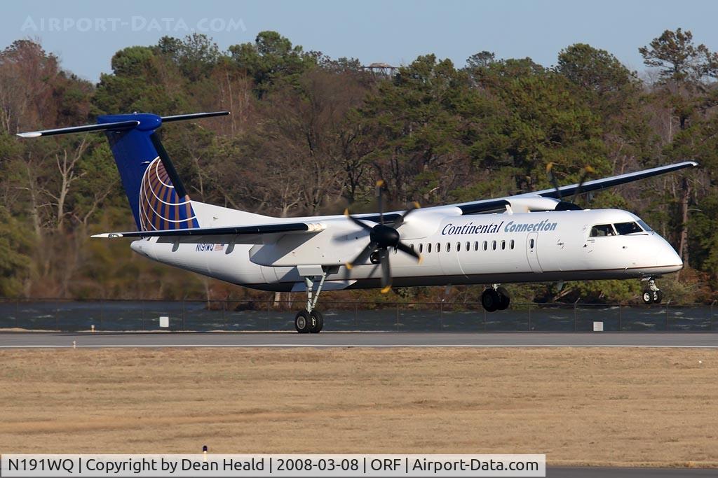 N191WQ, 2008 Bombardier DHC-8-402 Dash 8 C/N 4191, Continental Connection (Colgan Air) N191WQ (FLT CJC3299) from Newark Liberty Int'l (KEWR) landing on the right main during high-wind conditions at Norfolk Int'l (KORF).