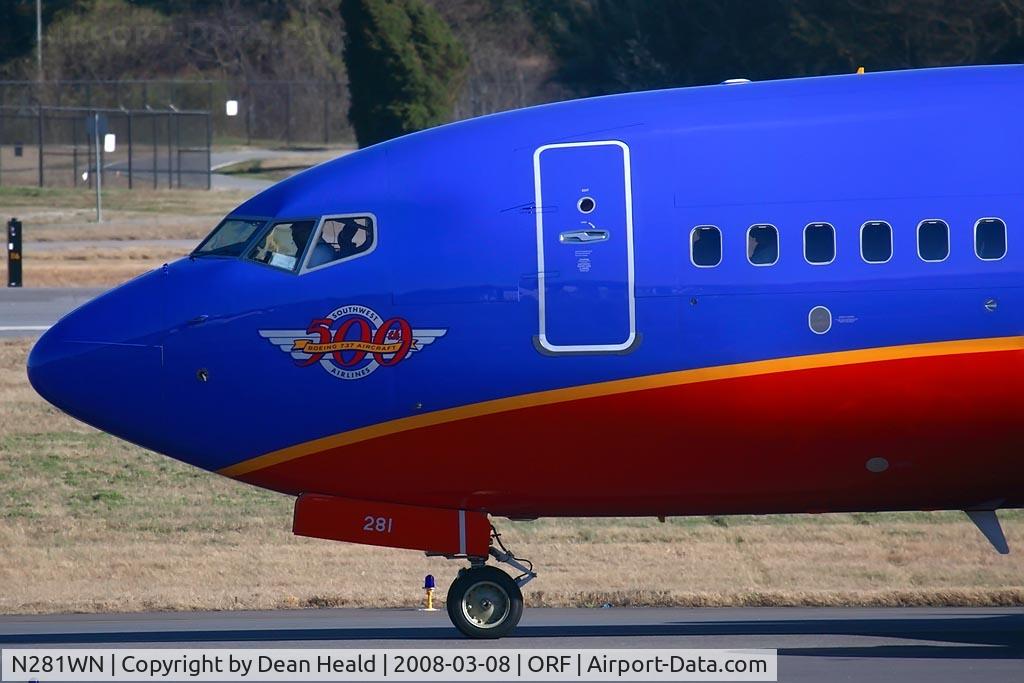 N281WN, 2007 Boeing 737-7H4 C/N 36528, Nose shot of N281WN, Southwest Airline's 500th Boeing 737 aircraft. This is FLT SWA608 taxiing to RWY 23 for departure to Chicago Midway Int'l (KMDW).