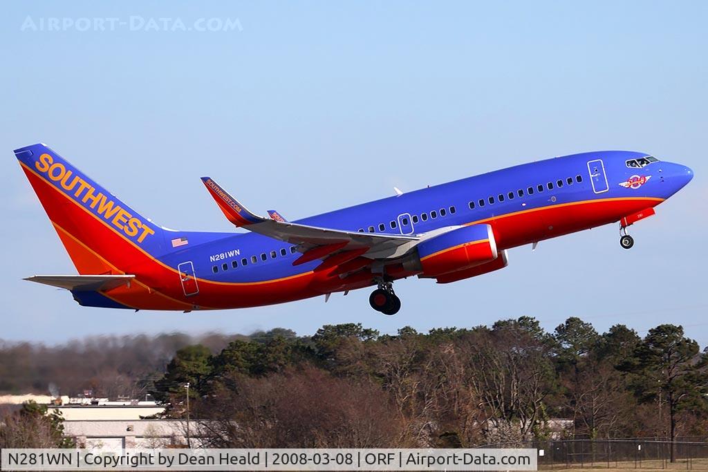 N281WN, 2007 Boeing 737-7H4 C/N 36528, N281WN is Southwest Airline's 500th Boeing 737 aircraft. Seen here as FLT SWA608 climbing out from RWY 23 enroute to Chicago Midway Int'l (KMDW).