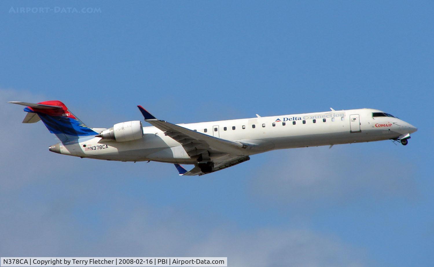 N378CA, 2003 Bombardier CRJ-701 (CL-600-2C10) Regional Jet C/N 10097, Comair CRJ climbs out of West Palm Beach