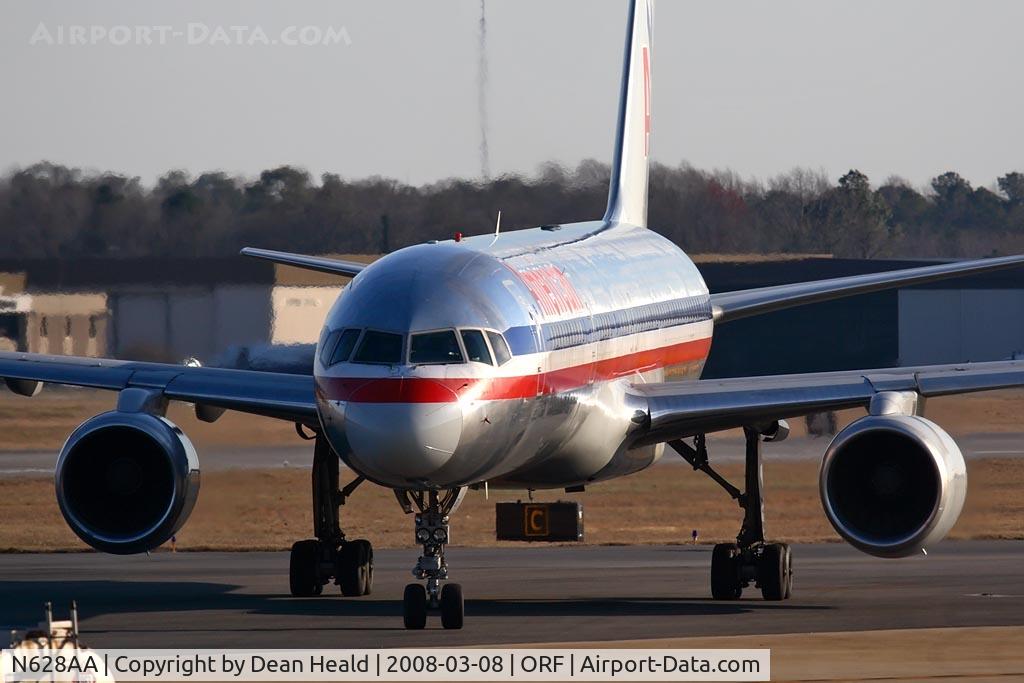 N628AA, 1990 Boeing 757-223 C/N 24586, American Airlines N628AA (FLT AAL2396) from Denver Int'l (KDEN) taxiing to the ramp for parking for refueling. This flight was originally destined for Newark, NJ but was diverted here to Norfolk, VA.