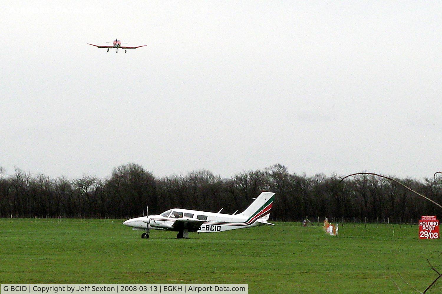 G-BCID, 1972 Piper PA-34-200 Seneca C/N 34-7250303, Awaiting take-off with Avions Pierre Robin (G-PVML) on approach