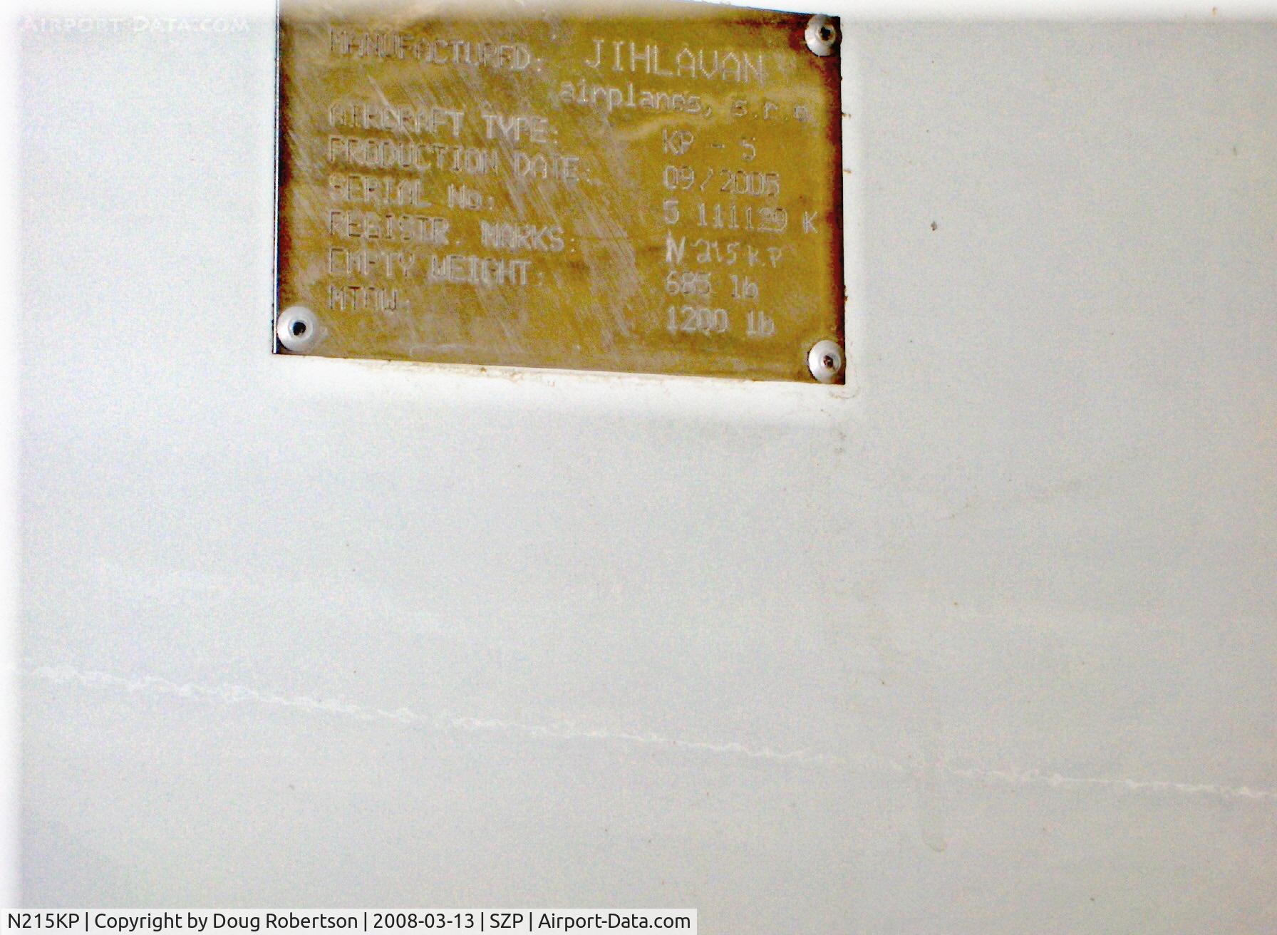 N215KP, 2005 Jihlavan KP-5 C/N 5111129K, 2005 Jihlavan Airplanes Sro KAPPA KP-5, Rotax 912S 100 Hp, aircraft data plate