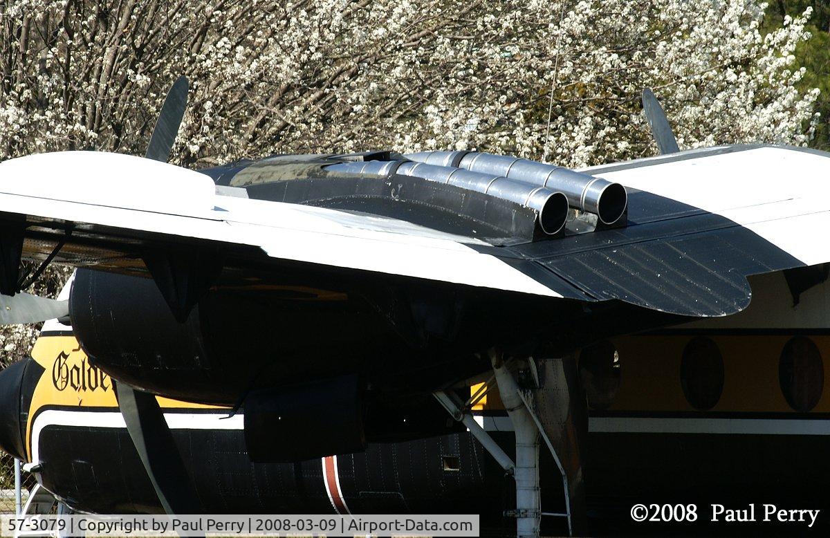 57-3079, 1957 De Havilland Canada YC-7A Caribou (YAC-1\YCV-2A) C/N 005, The nacelle and subsequent exhaust pipes of the hearty R-2000 radials