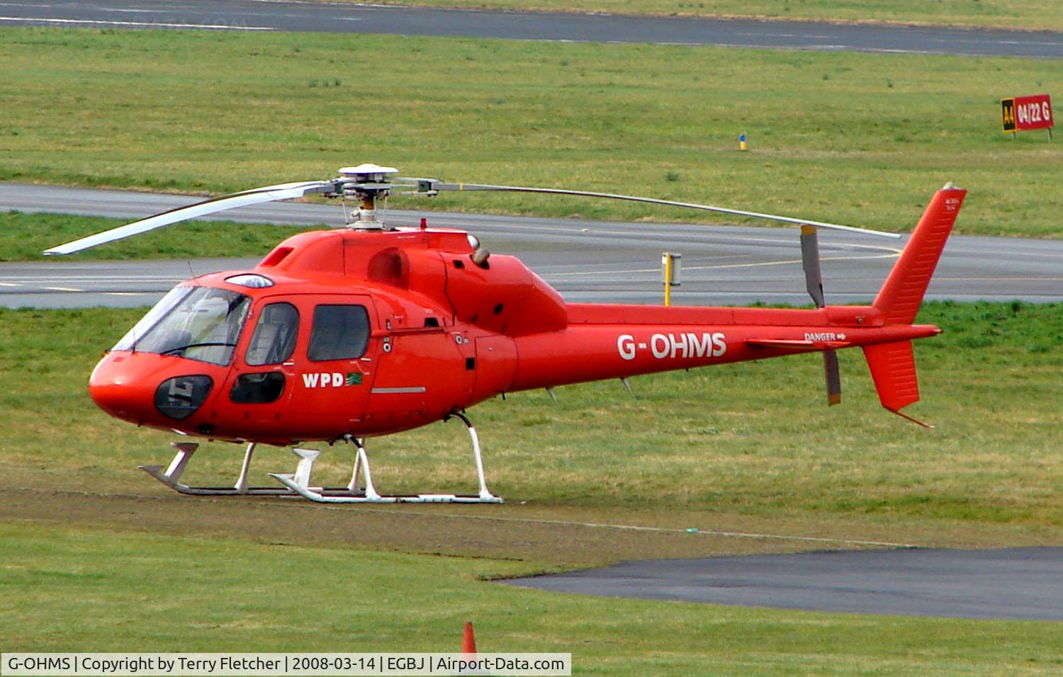 G-OHMS, 1982 Aérospatiale AS-355F-1 Twin Ecureuil C/N 5194, A visitor to Gloucestershire Airport on the day of the horse racing Gold Cup  at the nearby Cheltenham Racecourse