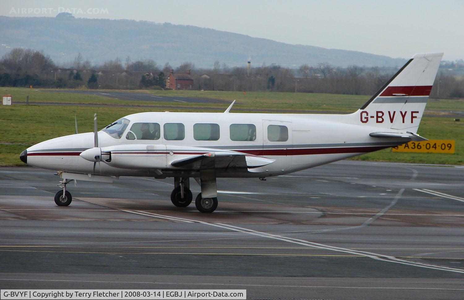 G-BVYF, 1979 Piper PA-31-350 Navajo Chieftain Chieftain C/N 31-7952102, A visitor to Gloucestershire Airport on the day of the horse racing Gold Cup  at the nearby Cheltenham Racecourse