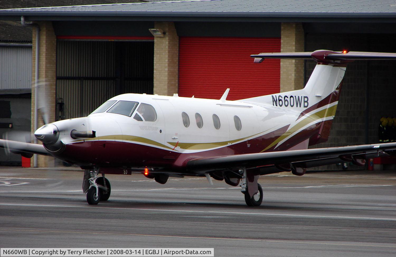 N660WB, 2006 Pilatus PC-12/47 C/N 760, A visitor to Gloucestershire Airport on the day of the horse racing Gold Cup  at the nearby Cheltenham Racecourse