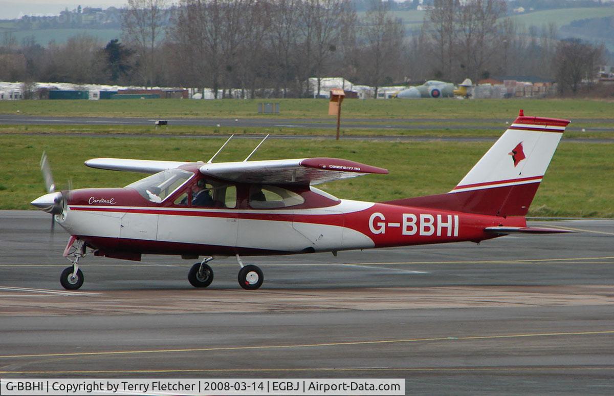 G-BBHI, 1972 Cessna 177RG Cardinal C/N 177RG0225, A visitor to Gloucestershire Airport on the day of the horse racing Gold Cup  at the nearby Cheltenham Racecourse