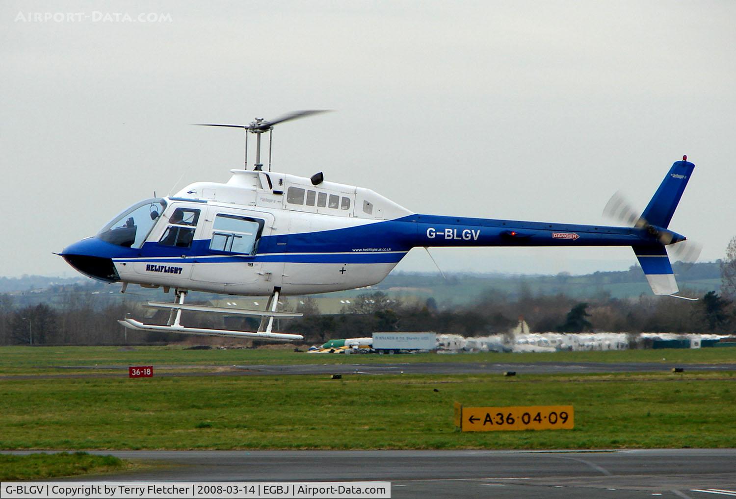 G-BLGV, 1973 Bell 206B JetRanger II C/N 982, A visitor to Gloucestershire Airport on the day of the horse racing Gold Cup  at the nearby Cheltenham Racecourse