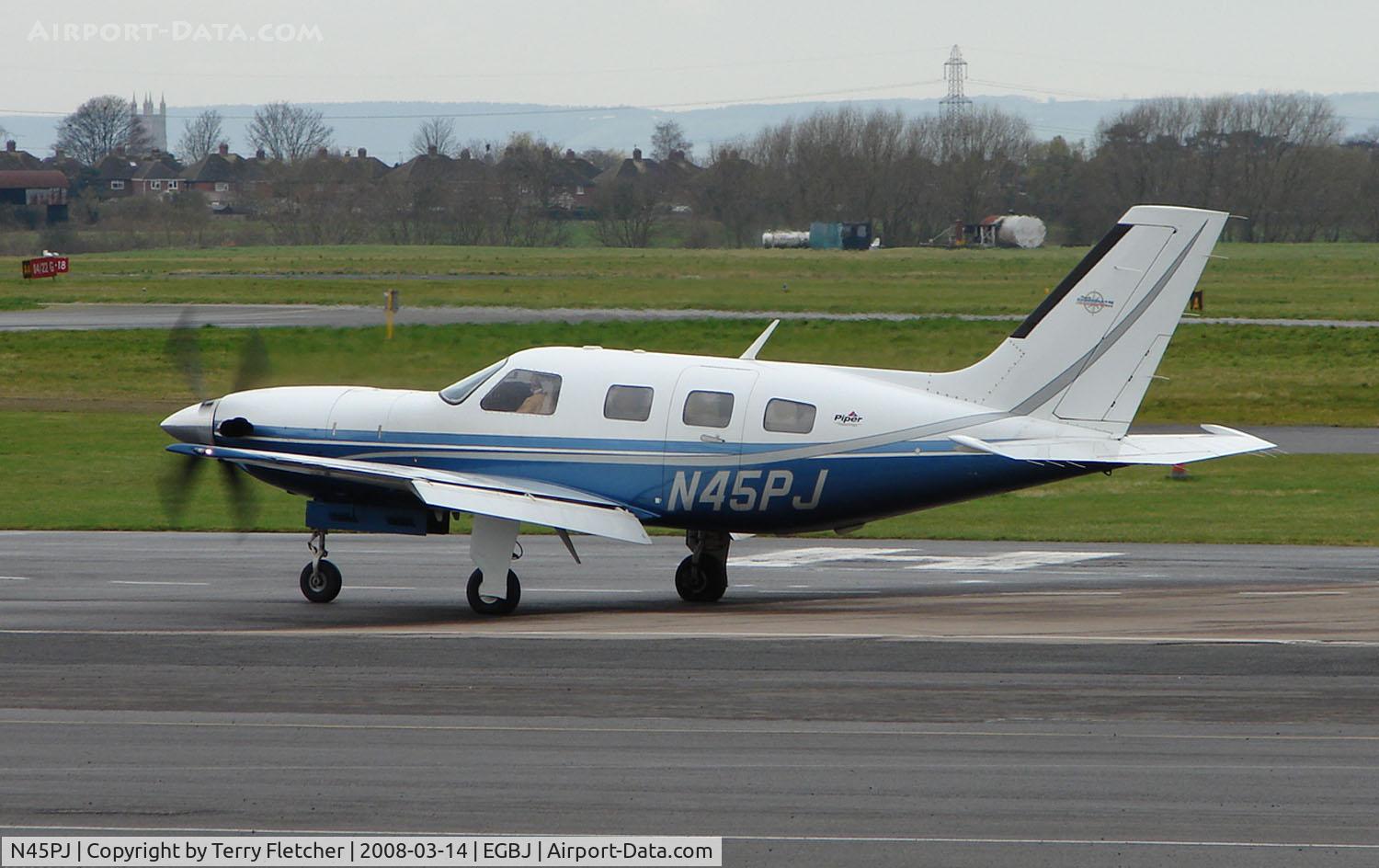 N45PJ, 2001 Piper PA-46-500TP C/N 4697031, A visitor to Gloucestershire Airport on the day of the horse racing Gold Cup  at the nearby Cheltenham Racecourse