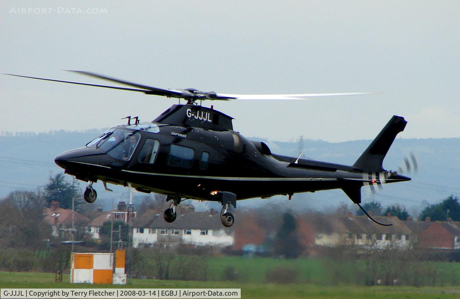 G-JJJL, 2002 Agusta A-109E Power C/N 11159, A visitor to Gloucestershire Airport on the day of the horse racing Gold Cup  at the nearby Cheltenham Racecourse