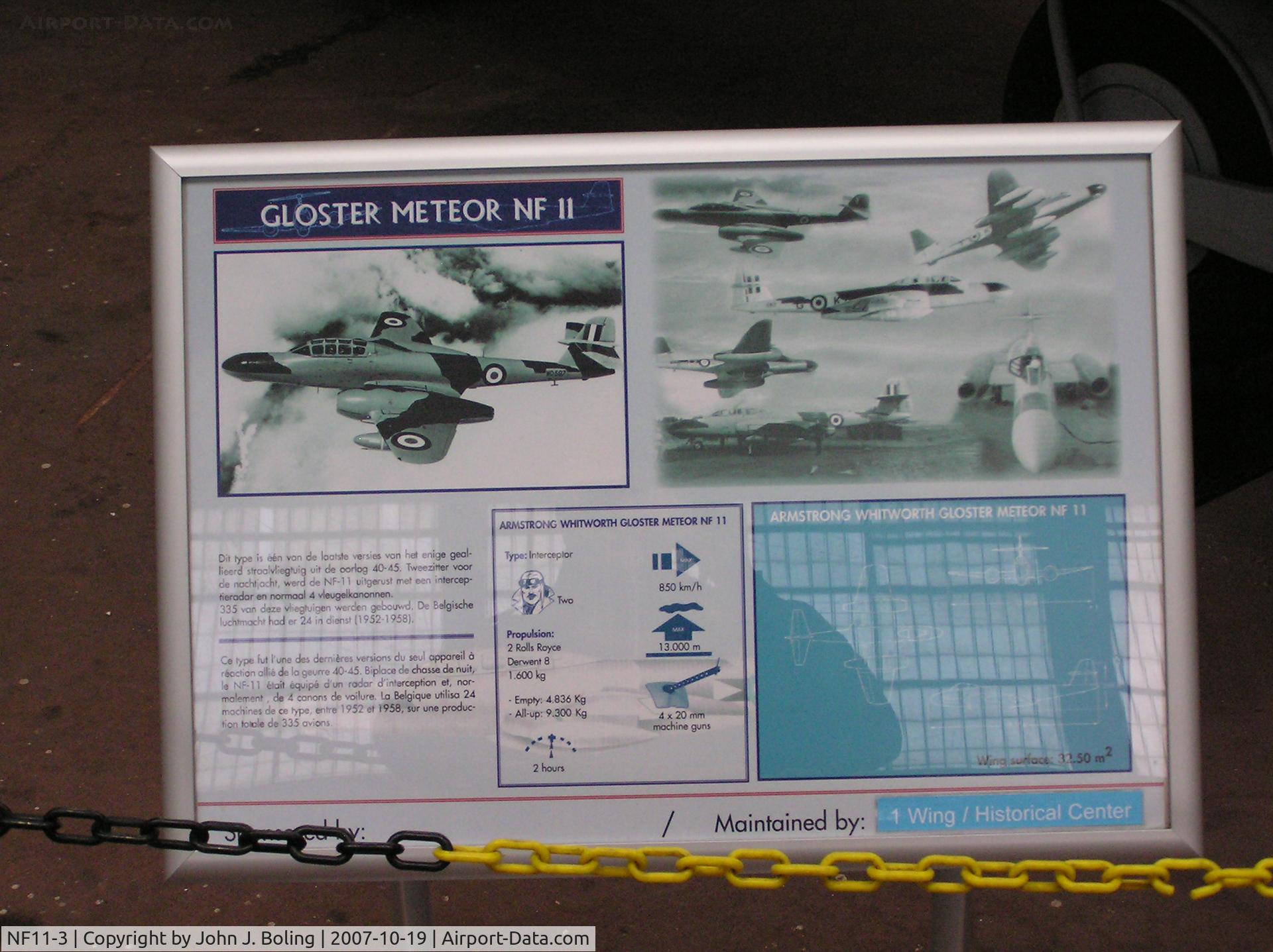 NF11-3, Gloster Meteor NF.11 C/N Not found NF11-3, Gloster Meteor NFII info on display at Brussels Air Museum