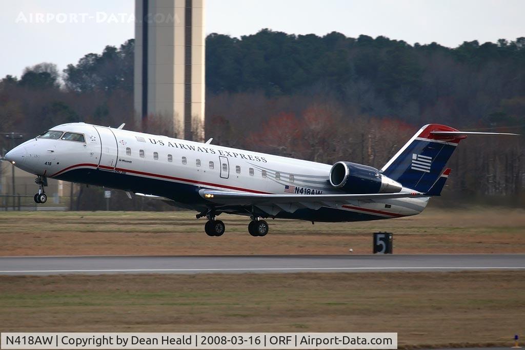 N418AW, 2002 Bombardier CRJ-200LR (CL-600-2B19) C/N 7618, US Airways Express (operated by Air Wisconsin) N418AW (FLT AWI3860) departing RWY 5 enroute to New York La Guardia Int'l (KLGA).