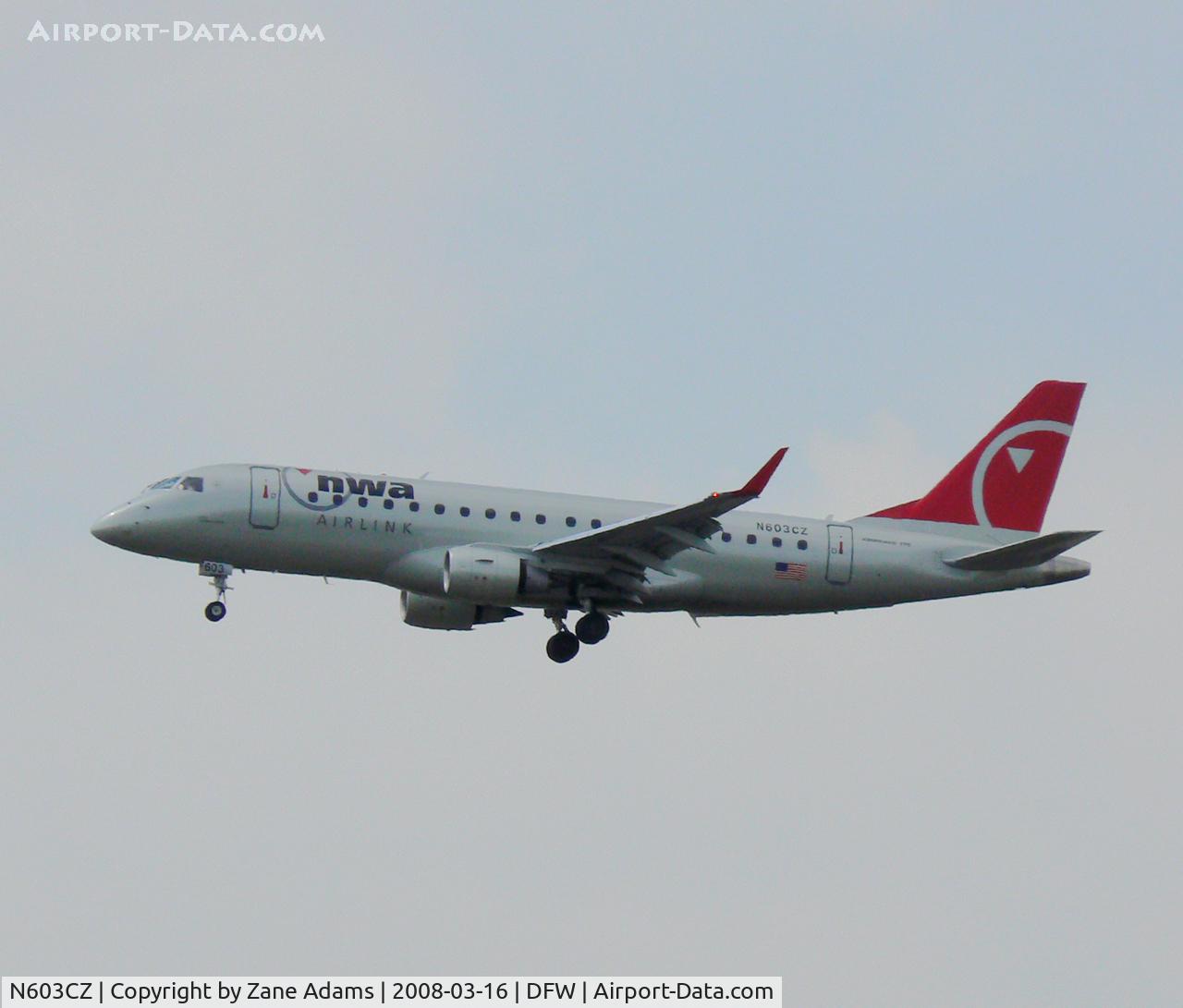 N603CZ, 2007 Embraer 175LR (ERJ-170-200LR) C/N 17000176, Northwest Airlines Landing 18R at DFW