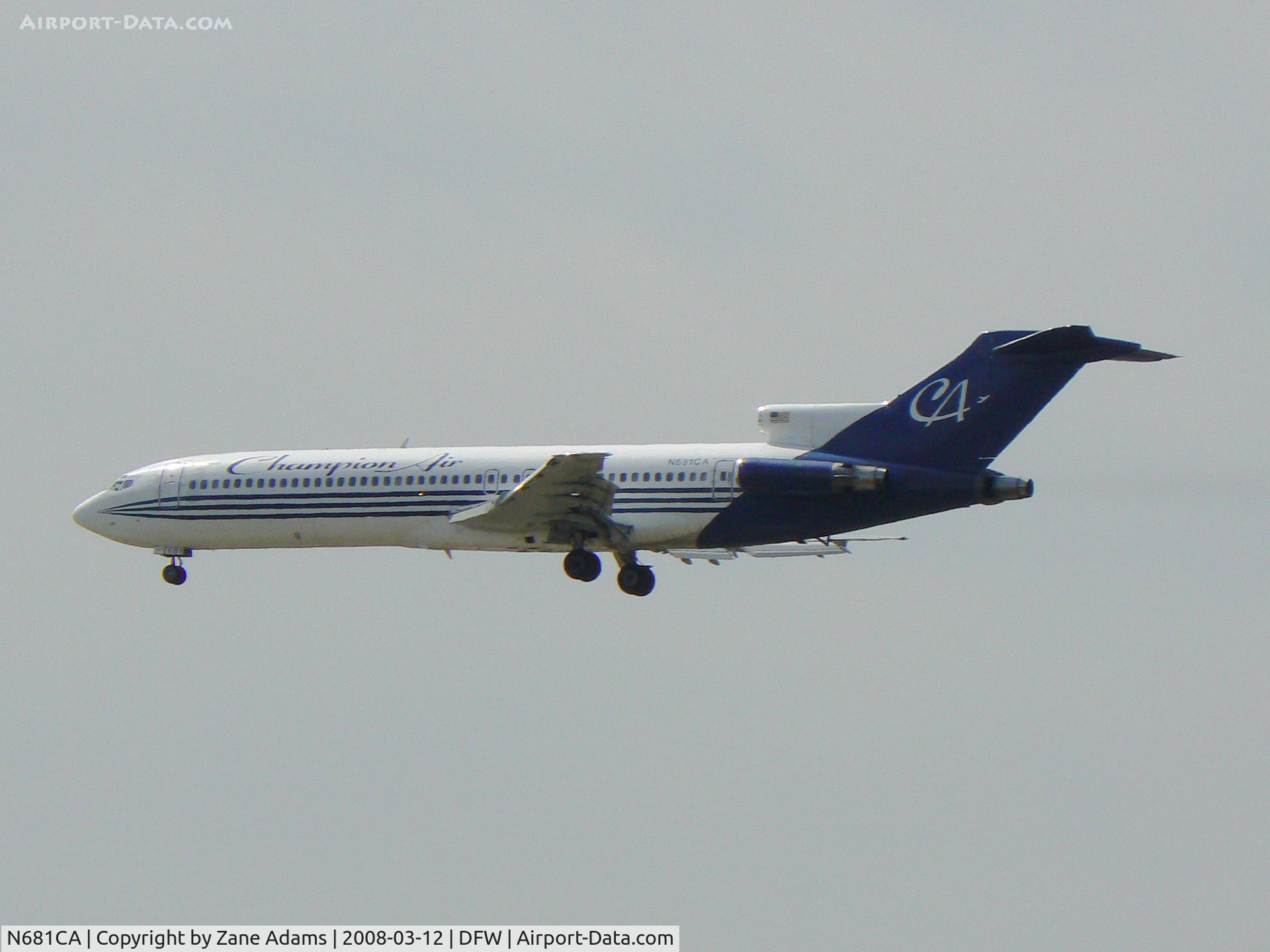 N681CA, 1980 Boeing 727-2S7 C/N 22020, Champion Air Landing 18R at DFW - One of the few 727's still carrying passengers in the US