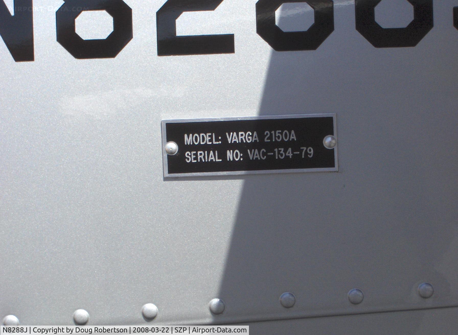 N8288J, 1979 Varga 2150A Kachina C/N VAC-134-79, 1979 Varga Kachina 2150A, Lycoming O-320-A2C 150 Hp, manufacturer data plate