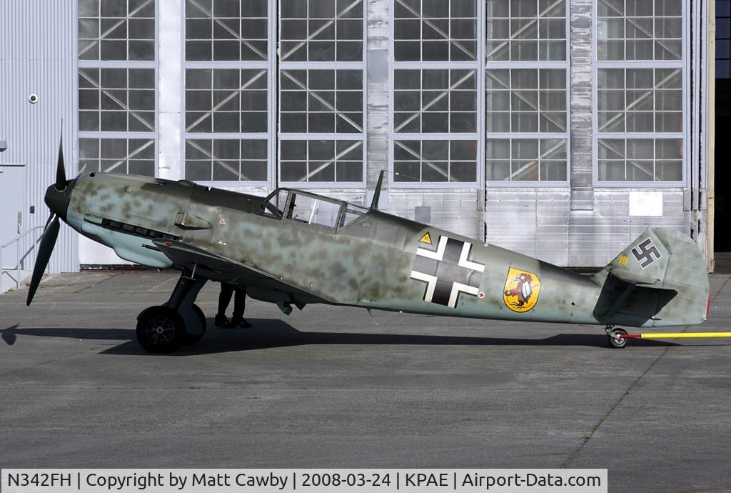 N342FH, 1939 Messerschmitt Bf-109E C/N 1342, At the Flying Heritage Collection hangar