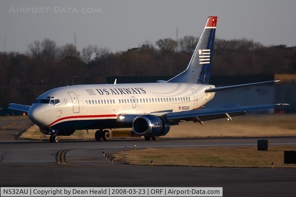 N532AU, 1989 Boeing 737-3B7 C/N 24479, US Airways N532AU (FLT USA1186) from Charlotte/Douglas Int'l (KCLT) exitting RWY 5 at Taxiway 