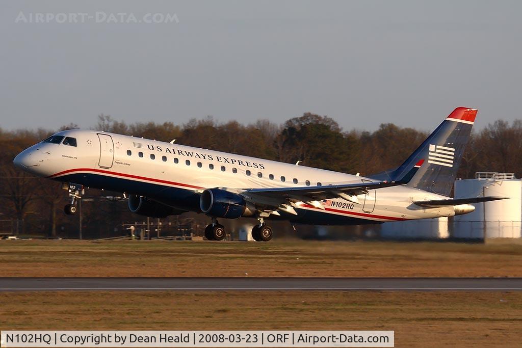 N102HQ, 2007 Embraer 175LR (ERJ-170-200LR) C/N 17000157, US Airways Express (operated by Republic Airlines) N102HQ (FLT RPA3268) departing RWY 5 enroute to Philadelphia Int'l (KPHL).