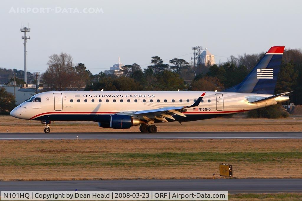 N101HQ, 2007 Embraer 175LR (ERJ-170-200LR) C/N 17000156, US Airways Express (operated by Republic Airlines) N101HQ (FLT RPA3253) from Philadelphia Int'l (KPHL) rolling out on RWY 5 after landing.