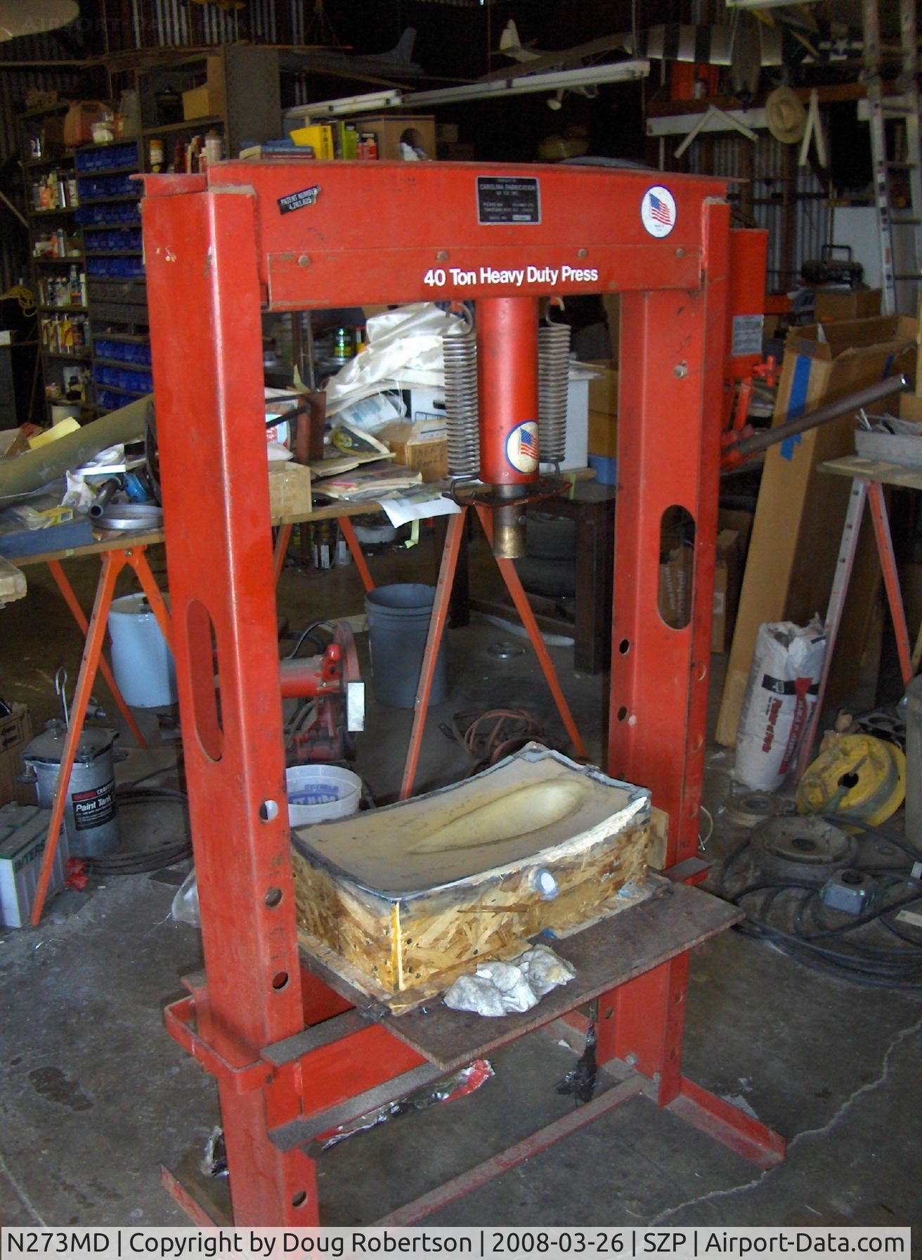 N273MD, 2008 Dickenson Howard DGA-21 (Replicate) C/N 001, Dickenson Dickenson-Howard DGA-21, press used to stabilize aluminum sheet with fixture during bump cowl forming-with female cowl mold