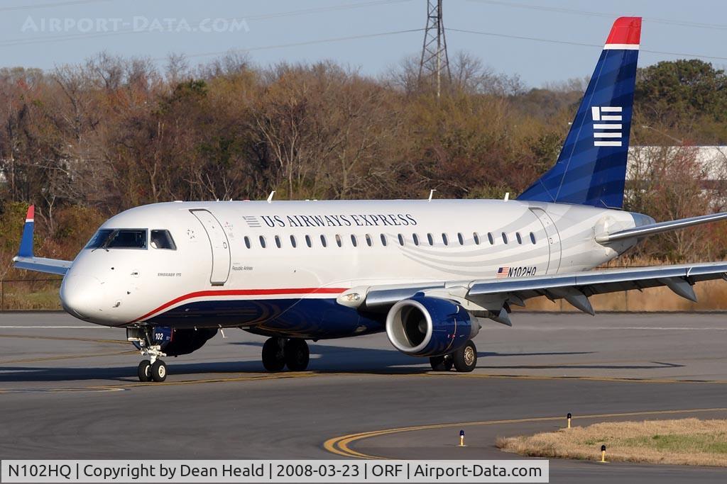 N102HQ, 2007 Embraer 175LR (ERJ-170-200LR) C/N 17000157, US Airways Express (operated by Republic Airlines) N102HQ (FLT RPA3268) exitting RWY 5 at Taxiway 