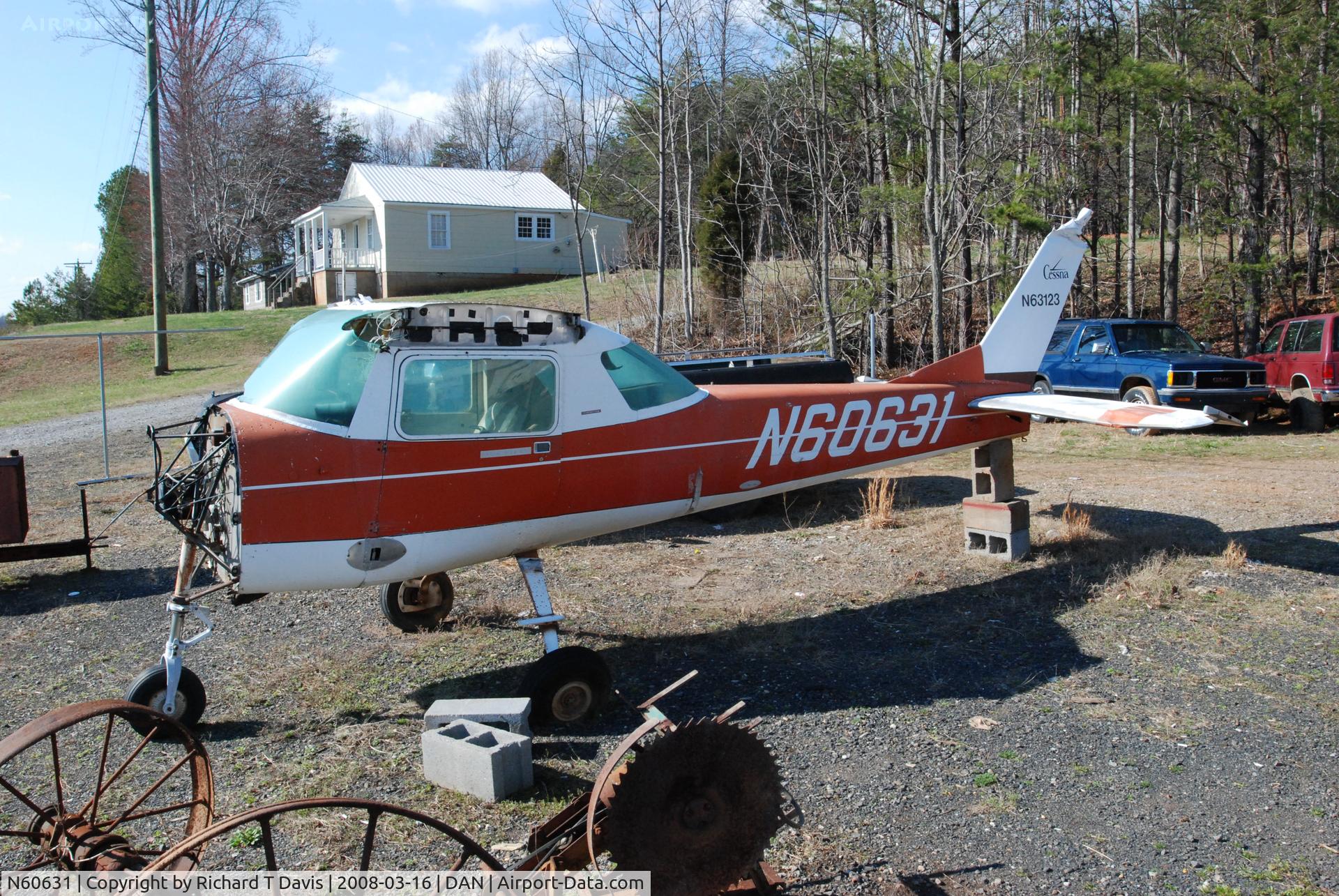 N60631, 1969 Cessna 150J C/N 15070462, 1969 Cessna 150J  in recycle yard in Axton Va. along Rt58 east of Martinsville Va. The tail # N63123 is also from another deregistered Cessna.