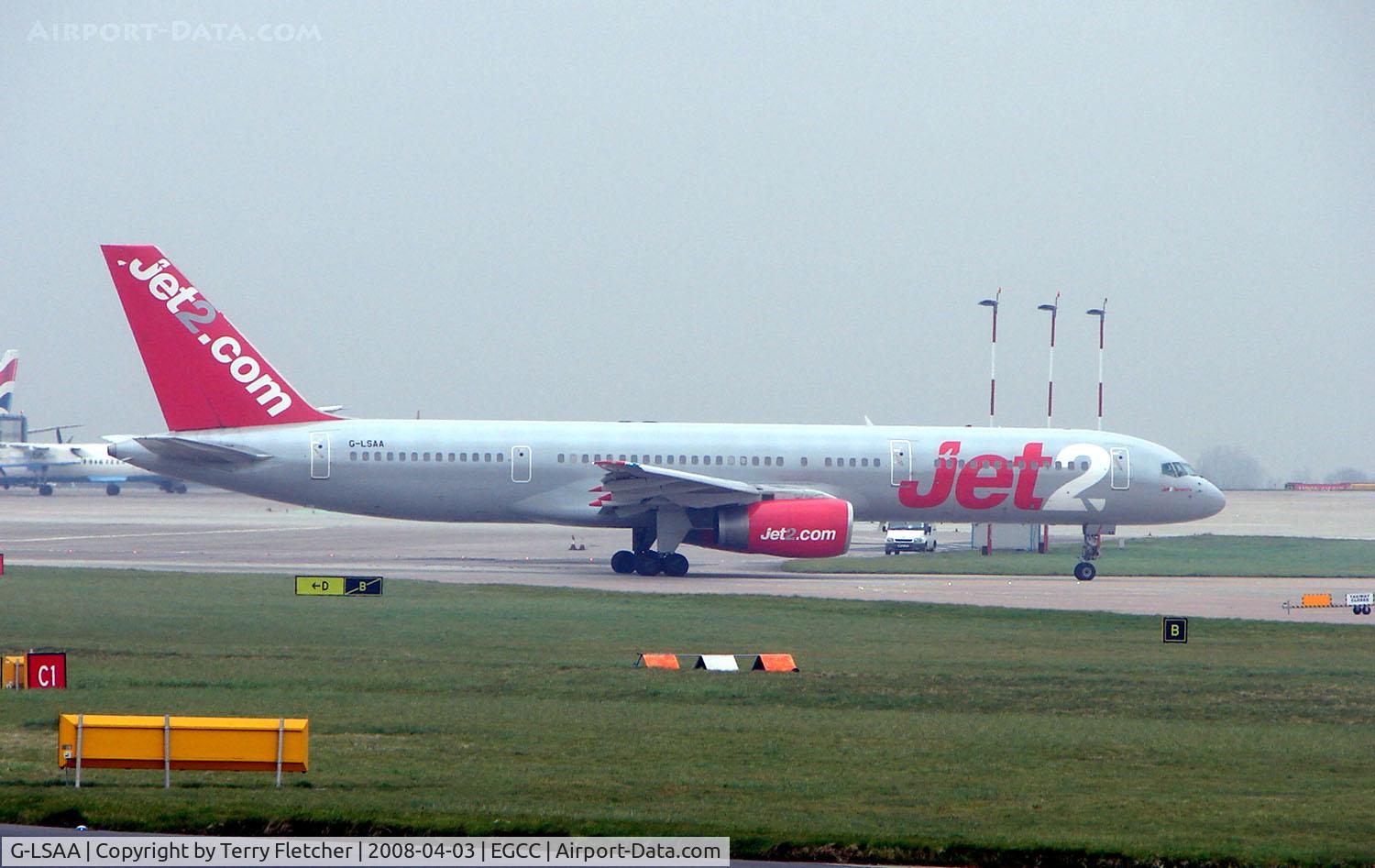 G-LSAA, 1988 Boeing 757-236 C/N 24122, Jet2's B757 taxies out for departure from Manchester