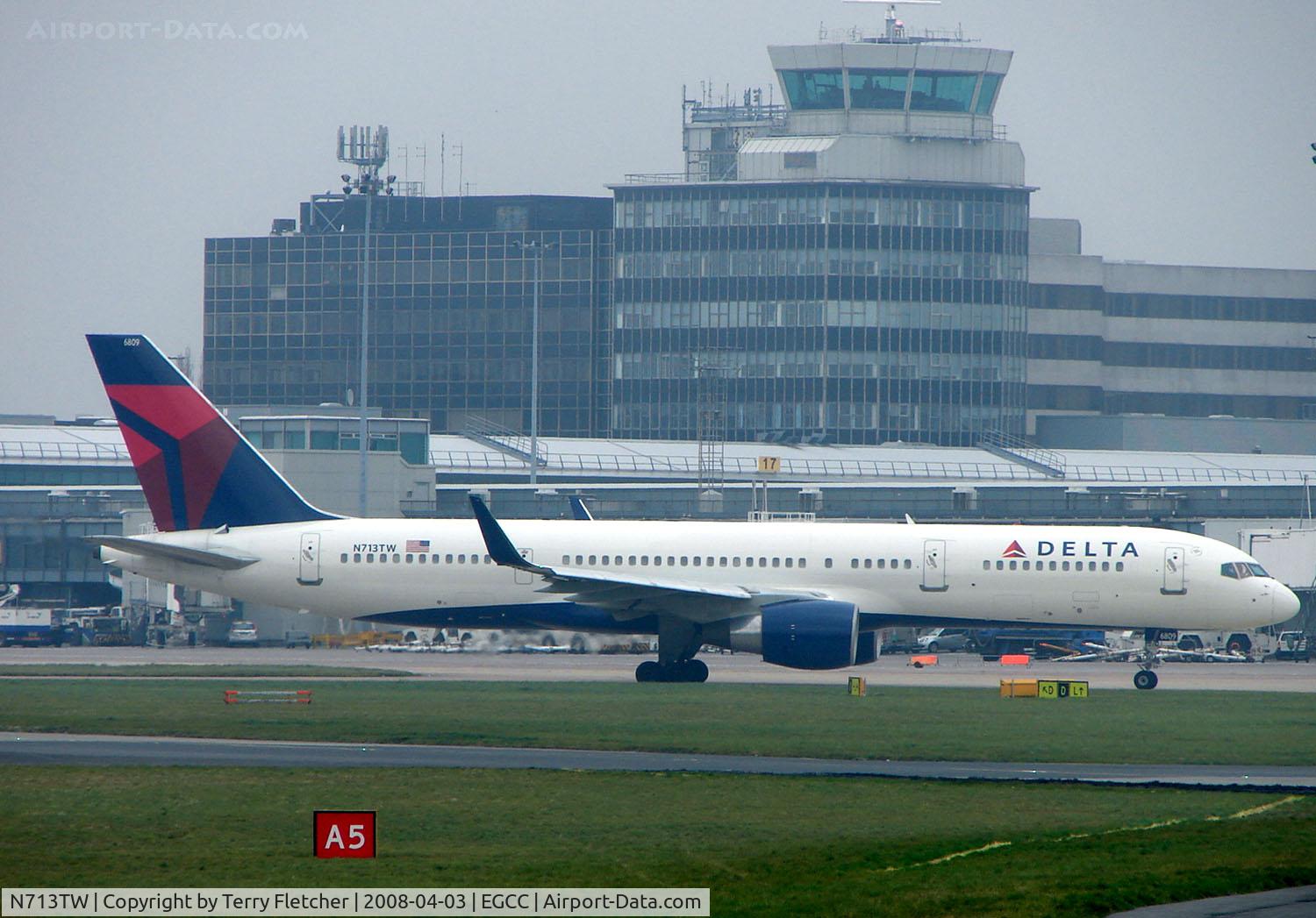 N713TW, 1997 Boeing 757-2Q8 C/N 28173, This former TWA machine now sports winglets and the new Delta Airlines livery - seen taxying for departure from Manchester (UK)