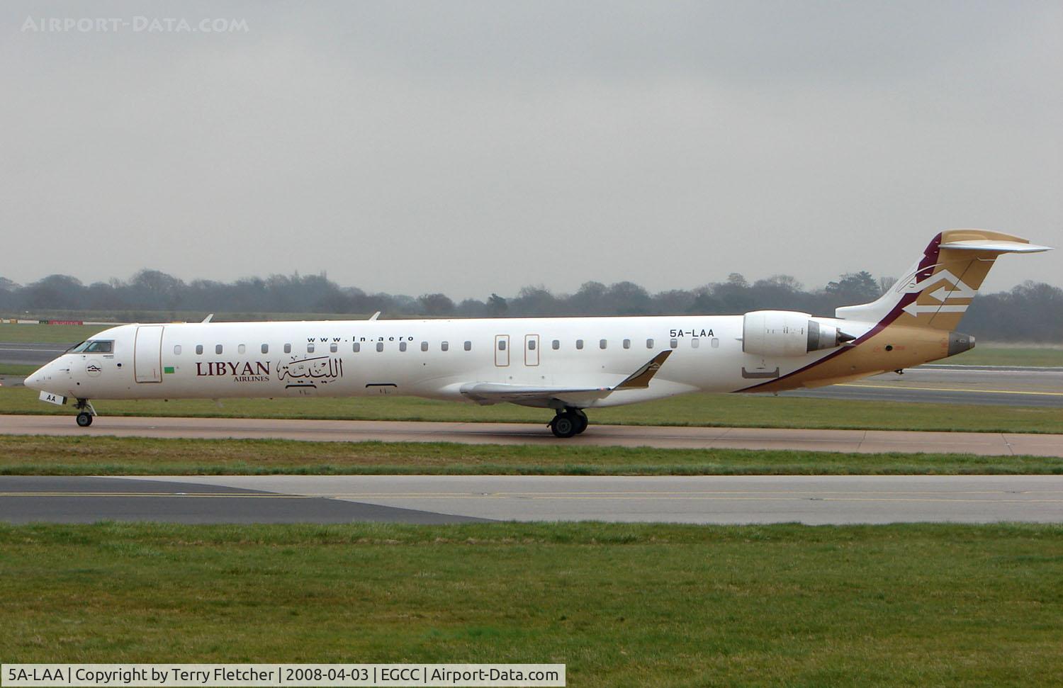 5A-LAA, 2007 Bombardier CRJ-900ER (CL-600-2D24) C/N 15120, Libyian Arab Airlines now operate their new CLRJ900 into Manchester (UK) on Sundays and Thursdays as LN106