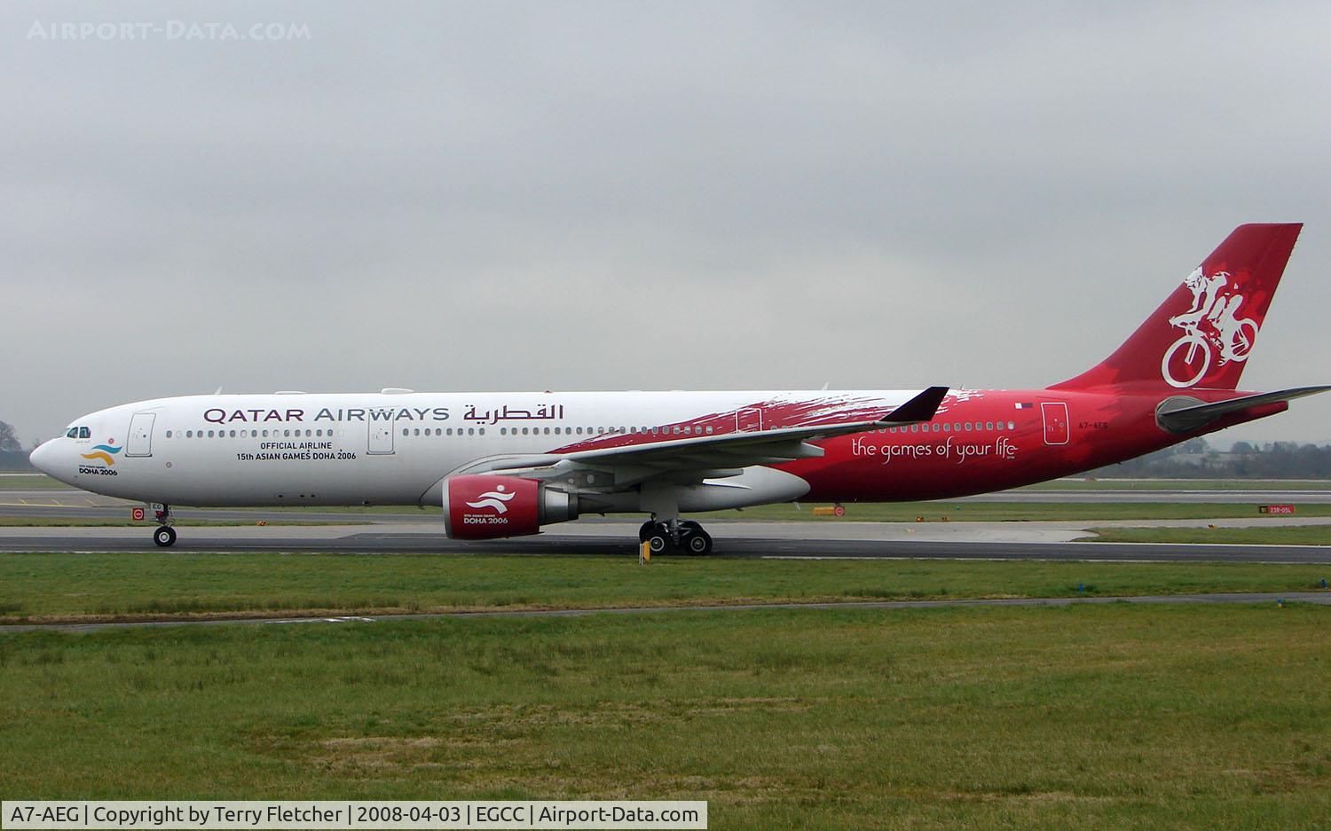 A7-AEG, 2006 Airbus A330-302 C/N 734, Qatar A330 taxies in at Manchester with the QR045 from Doha